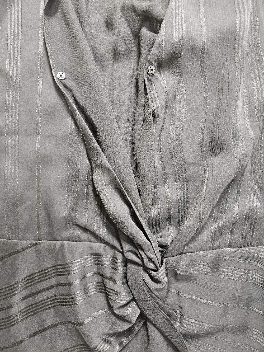 NWT Medium Calvin Klein Sheer Black Metallic Stripe V Neck Blouse Smocked Cuff - Picture 10 of 11
